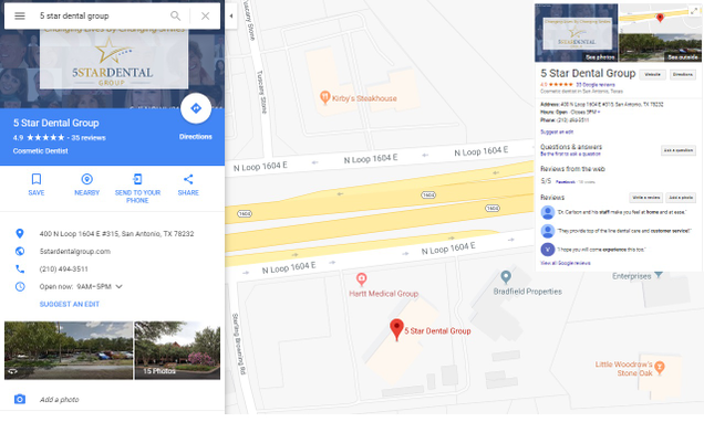 Search results and map view of a complete Google My Business listing